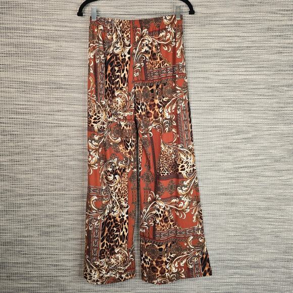 Maxine Nichols Pants Womens Large Brown Leopard Baroque Palazzo Stretch Pull On - Picture 2 of 8